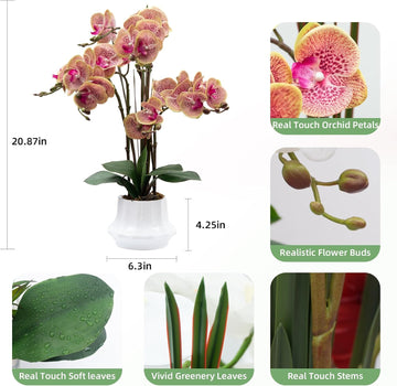Artificial Orchid Flower Plant 20.9'' Real Touch Faux Orchids in Ceramic Vase Purple Dapple Fake Phalaenopsis Flower