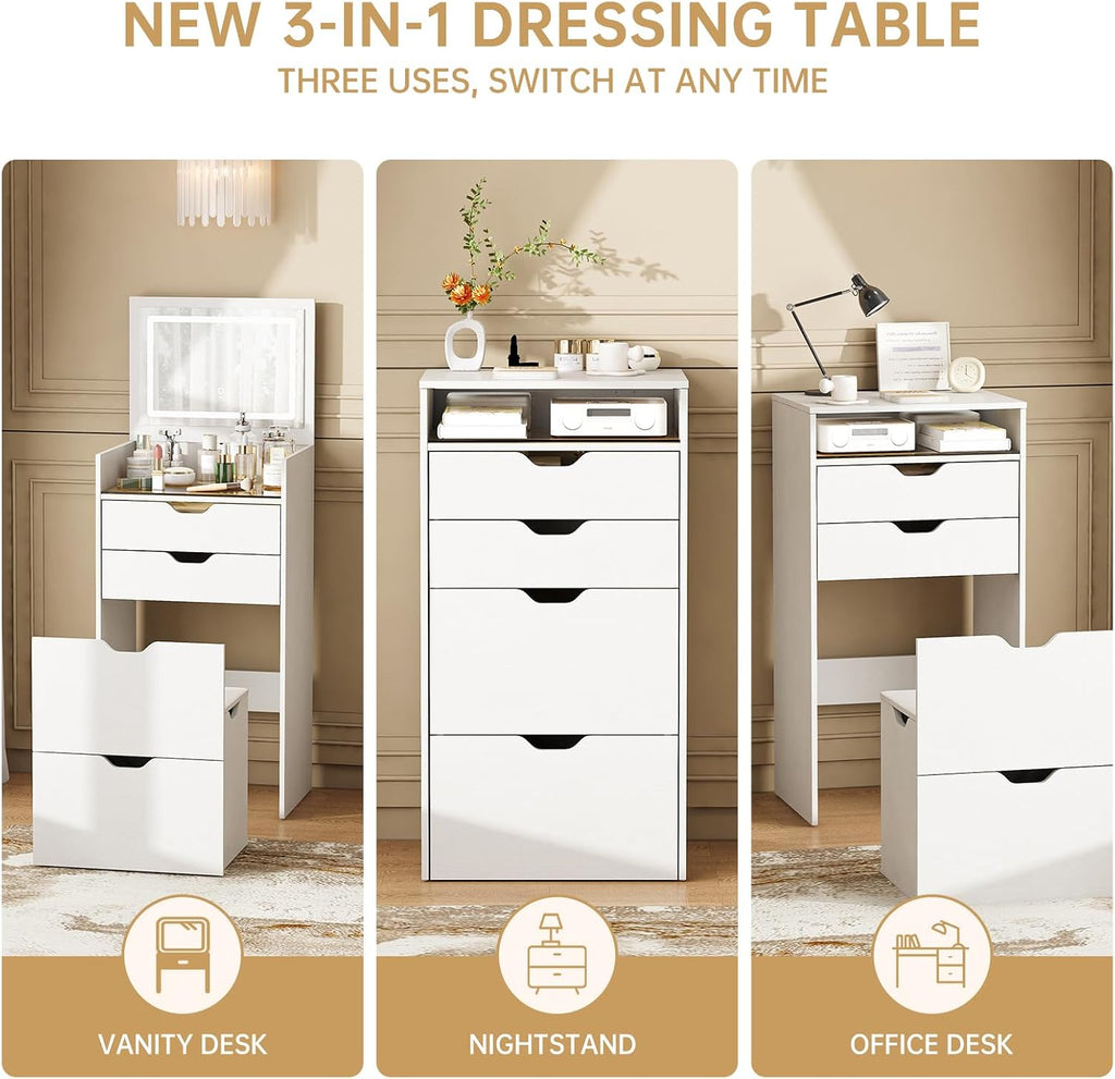 3-in-1 Vanity with Mirror and Lights, Modern Compact Vanity Table with 3 Storage Drawer, Small Makeup Vanity Desk