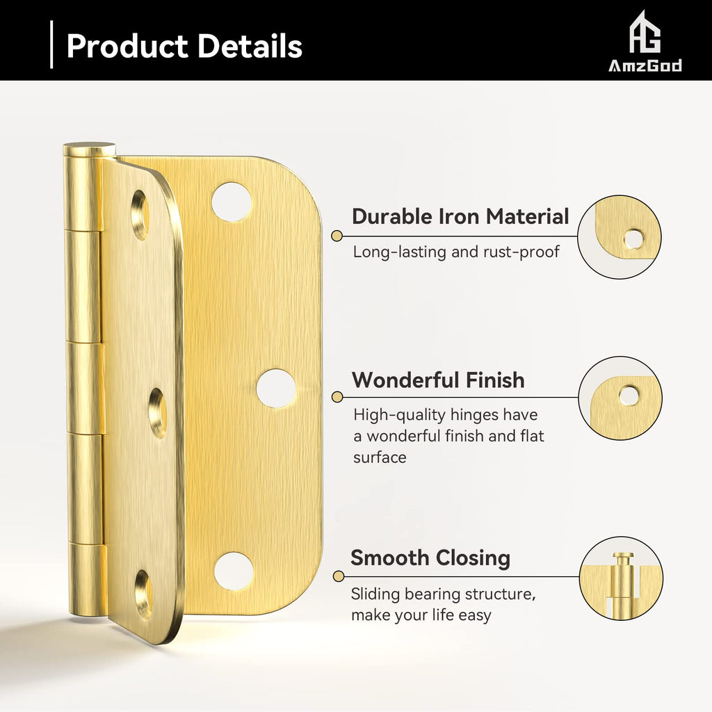 Door Hinges Satin Brass - 36 Pack Gold Door Hinges 3.5 Inch Rounded Interior Door Hinge with 5/8" Radius - 3 1/2