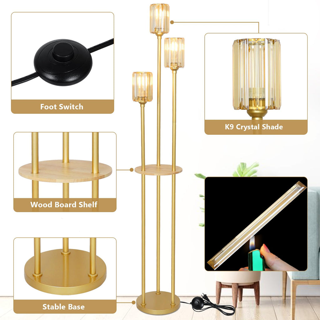Gold Standing Lamp with Shelf, Vintage Floor Lamp, Retro Floor Lamp with Table, Mid Century Tall Lamp with Amber