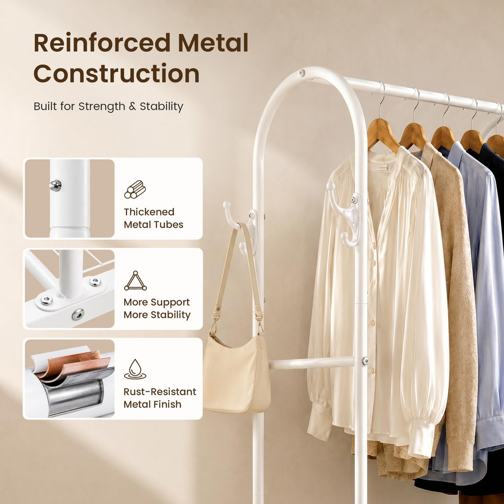 Small Clothes Rack with 3-Tier Mesh Shelves & 8 Hooks, White