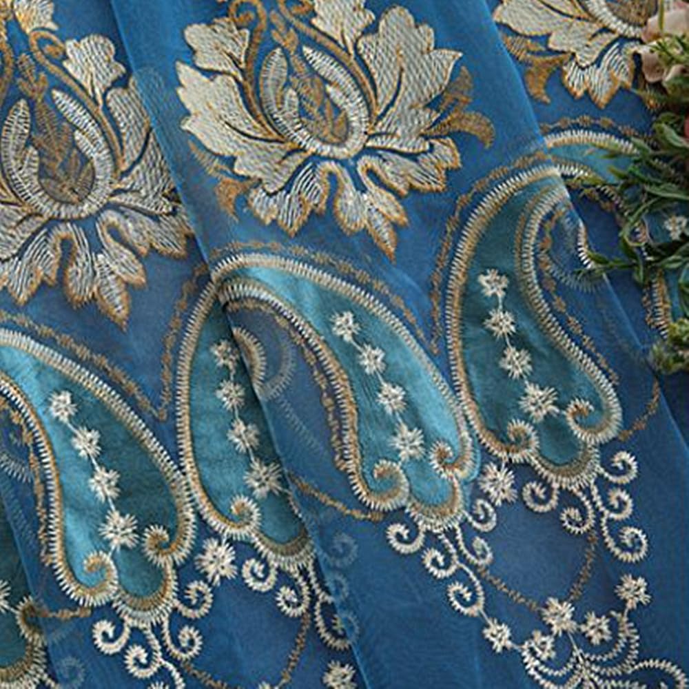 1 Pair European Double Layer Curtains with Valances for Living Room Bedroom Luxury Embroidered Curtains (Blue,63x96