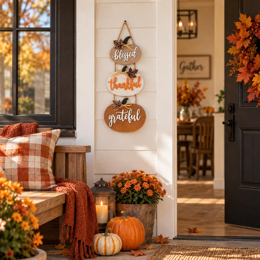 Fall Decorations Pumpkin Wall Signs Wooden Blessed Thankful Decor