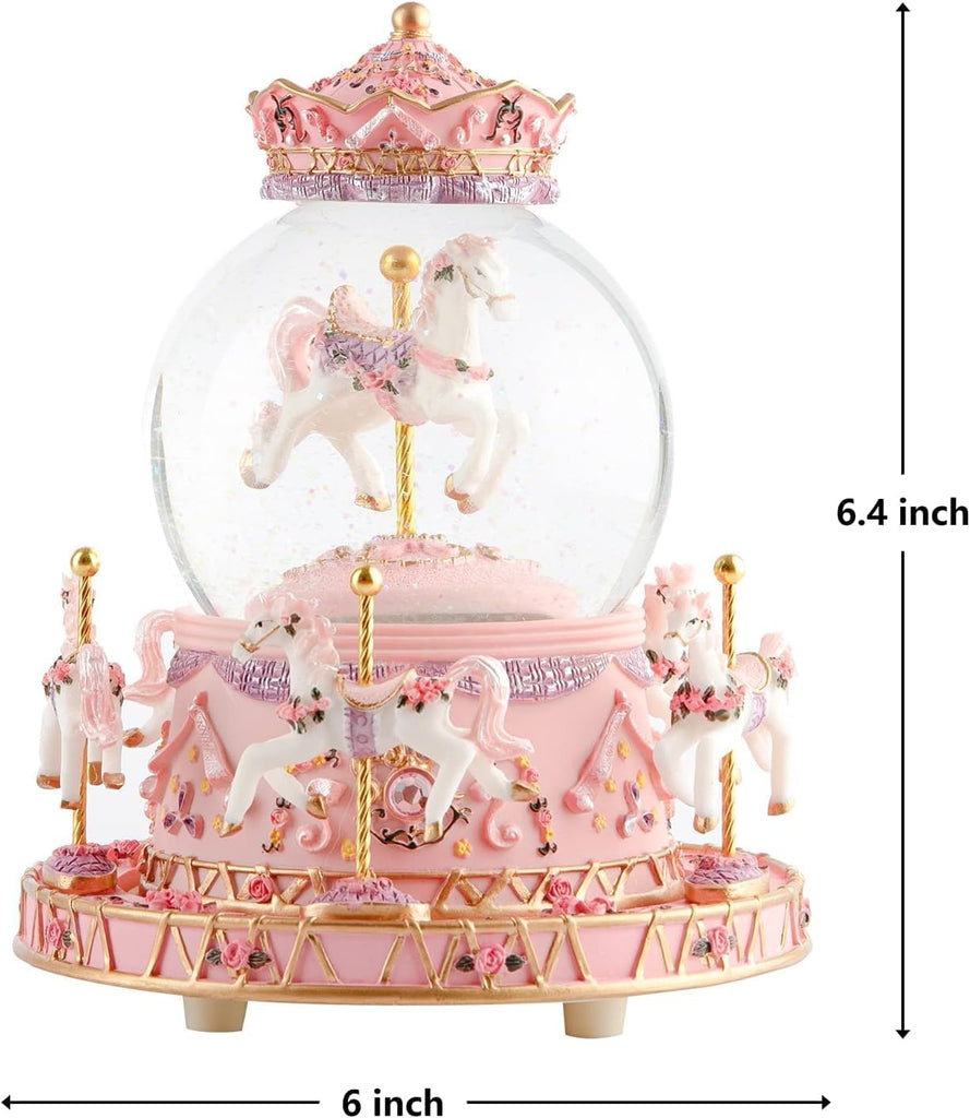 Carousel Snow Globe Music Box: LED Light Rotating Horses for Girls