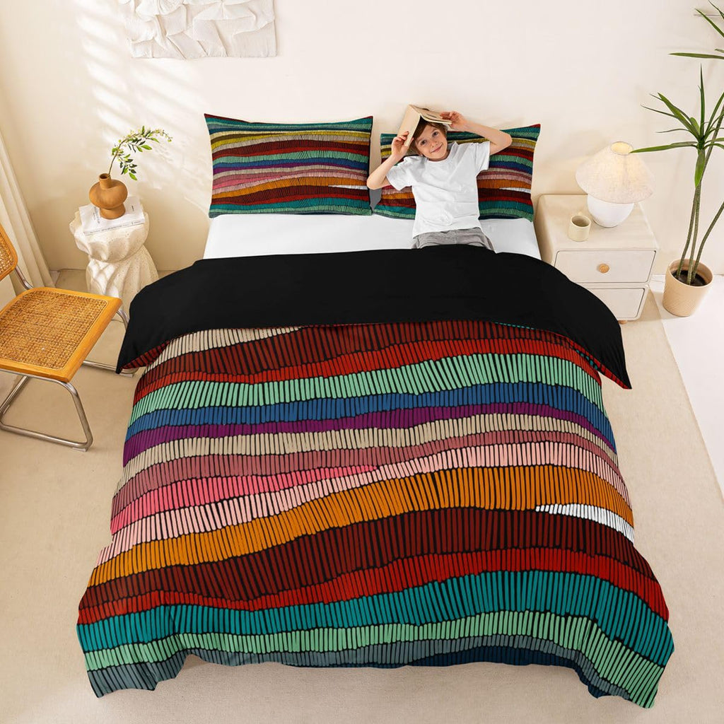 Boho Duvet Cover Queen Bohemian Wavy Bedding Set Rainbow Embroidered Waves Comforter Cover Geometric Tribal Ethnic