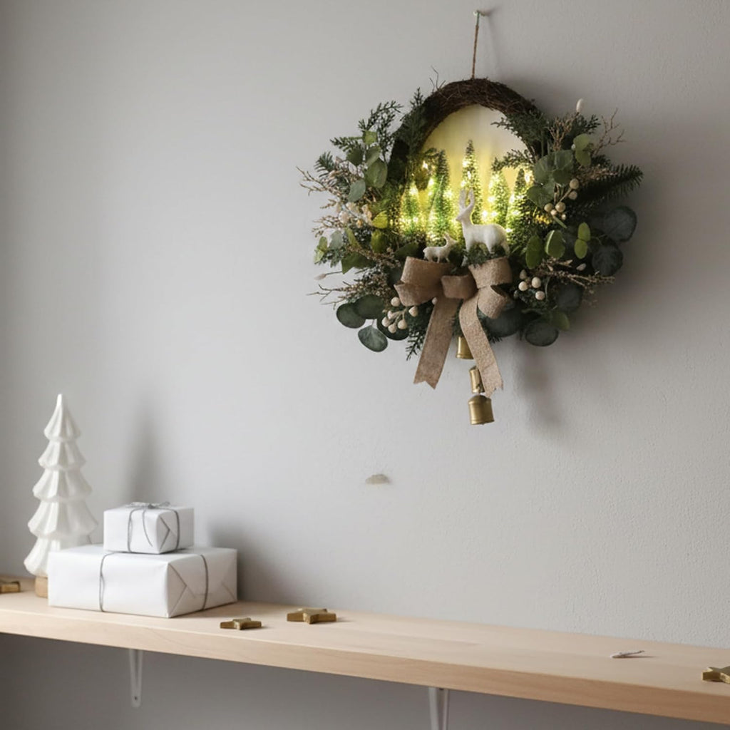 Lighted Christmas Wreath with LED Lights & White Deer, Bottle Brush Trees, Burlap Bow and Bells, Artificial Greenery