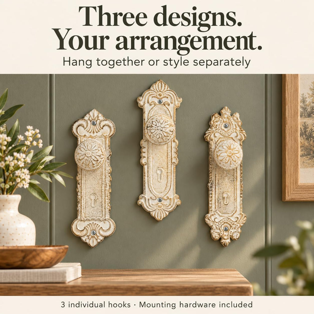 Rustic White Cast Iron Door Knob Wall Hooks - Set of 3 - 7.9" H
