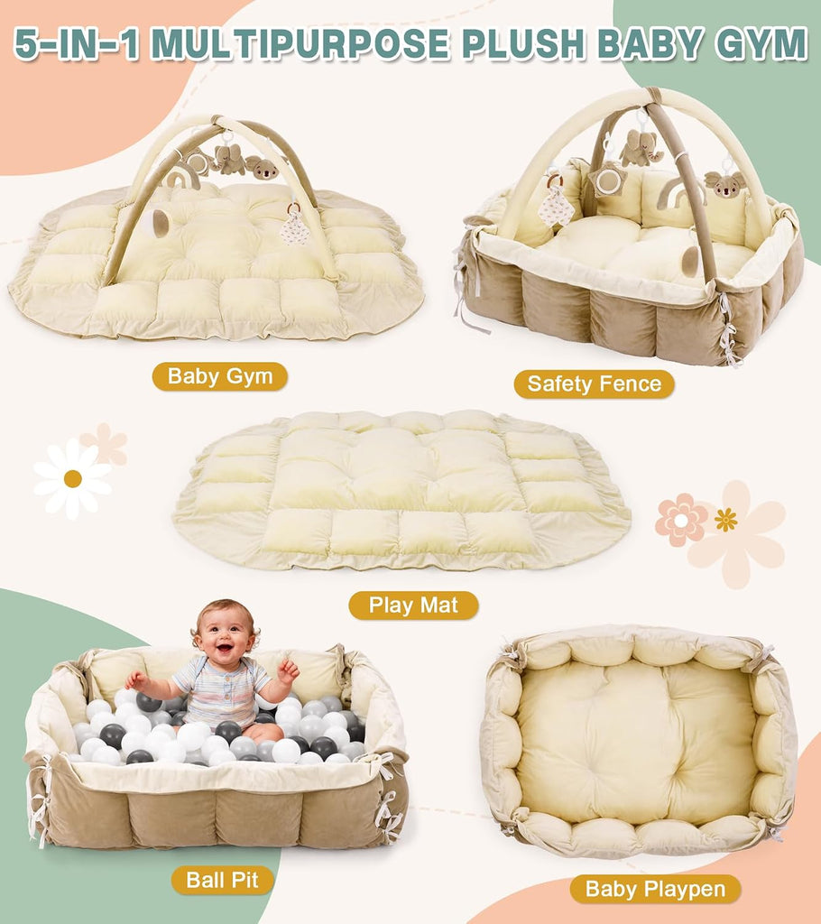 In-1 Baby Play Gym and Tummy Time Mat, 12 Learning Cards, Plush Activity Mat with 6 Toys, Baby Gym, Convertible to