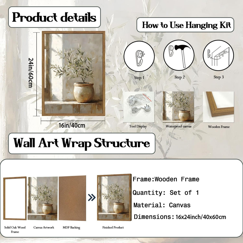 Framed Vintage Olive Tree Canvas Wall Art, Rustic Botanical Pictures Wall Decor, Neutral Potted Plant Paintings