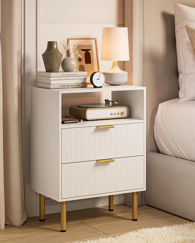 Night Stand, 25.7" H Bedside Table with 2-Drawer Shelf, Morden Nightstand with Gold Frame, Fluted Side Table with Gold