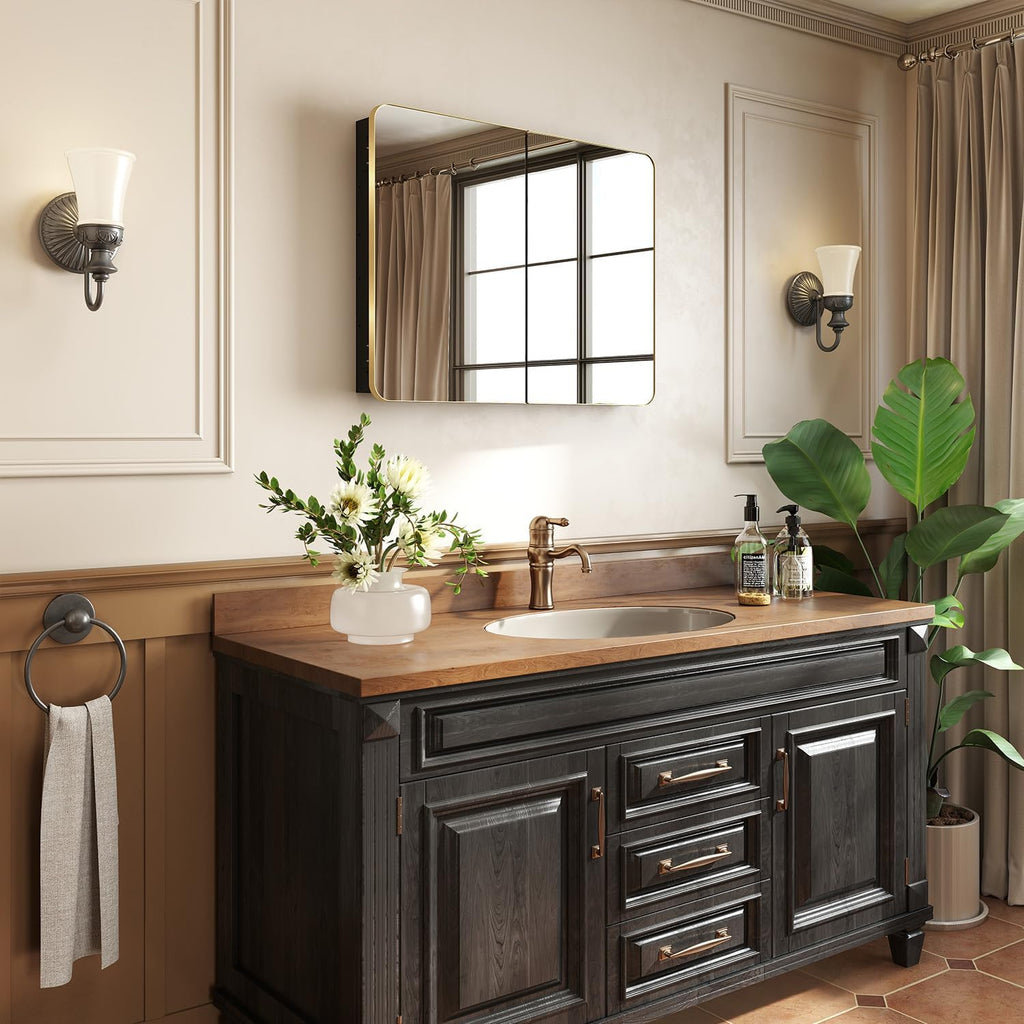 32x24 in Brushed Gold Double Door Medicine Cabinet with Mirror | Fully Assembled; Recessed or Surface Wall Mount;
