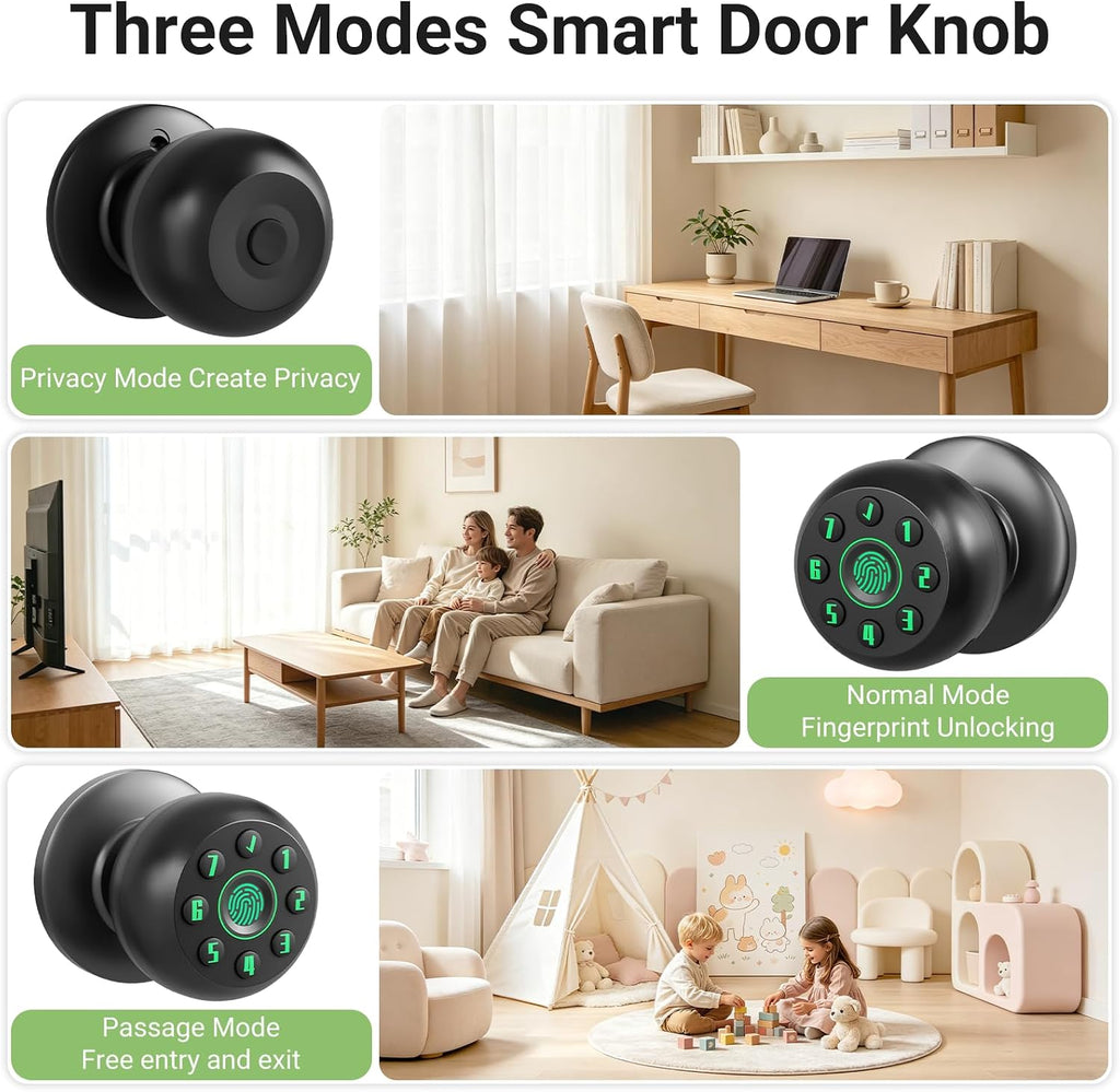 Smart Fingerprint Door Knob , Biometric Door Lock with Code & Key, Auto-Locking Thumbprint Door Knob for Interior