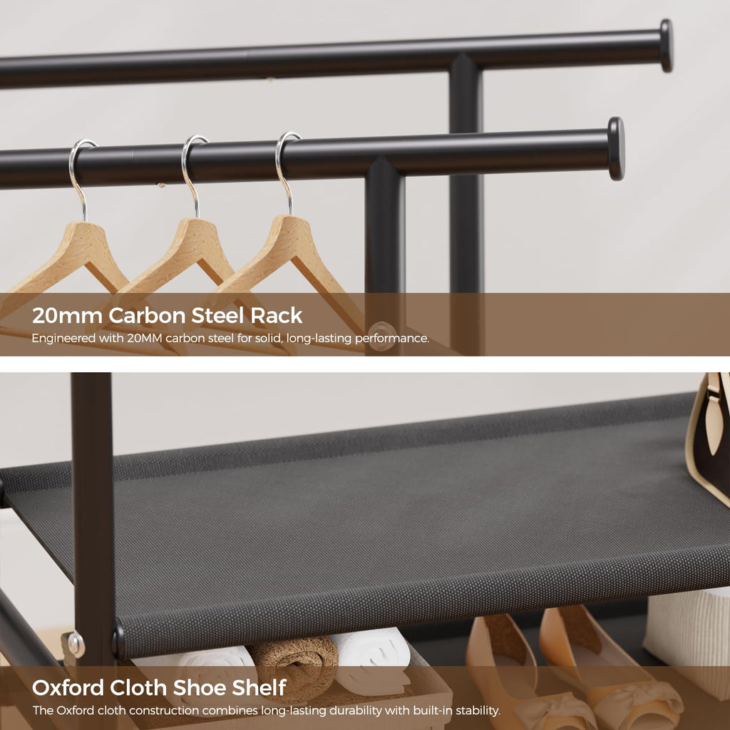 Double Rods Clothes Racks, Rolling Clothing Rack for Hanging Clothes with Wheels & Shelves, Portable Garment Coat