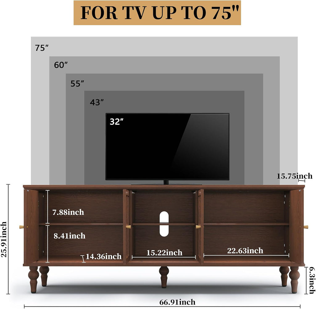 67" Mid Century Modern TV Stand with Window Design,Wood Entertainment Center with Open Shelf,Up to 70" Media TV for