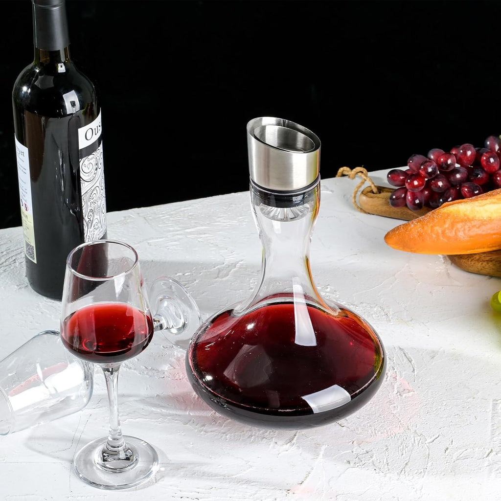Hand Blown Wine Decanter with Aerator, 1300ml/44oz Red Wine Decanter, Crystal Wine Carafe with Stainless Steel Pour