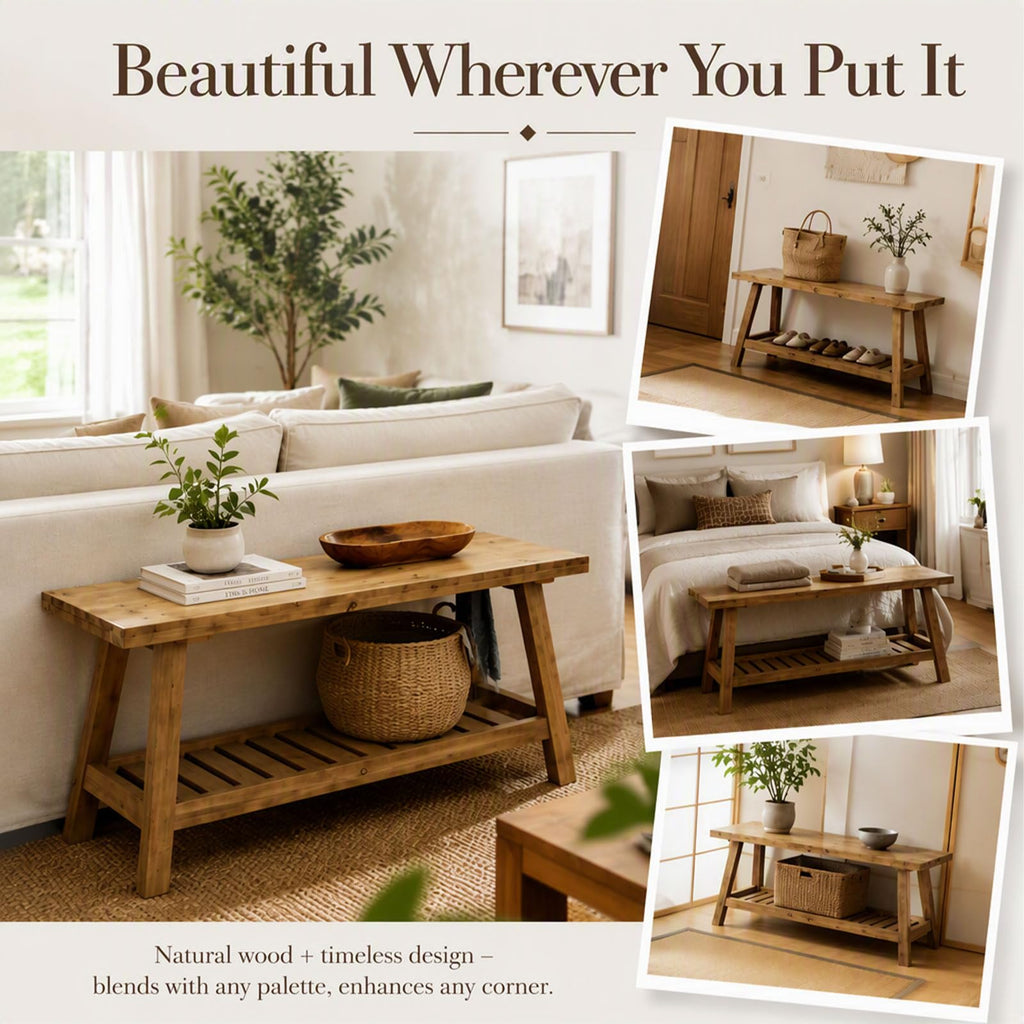 Reclaimed Entryway Bench Solid Wood Bench with Storage Shelf 43.3"