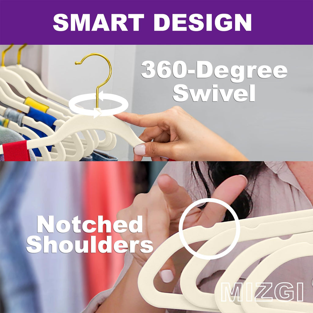 Premium Velvet Hangers Pack 50 Pcs Heavyduty - Non Slip Slimline - Velvet Suit Hangers Ivory - Gold Hooks, Space
