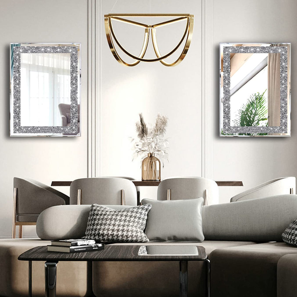 2 Piece Wall Mirrors, Crush Diamond Wall Décor Silver Decorative Mirrors . (11"x15")