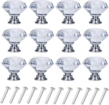 12 Pack Drawer Knobs Diamond Shaped Crystal Glass 30mm Cabinet Knobs Pull Handles (Silver)