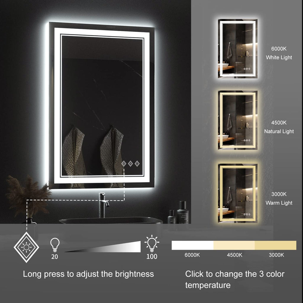 LED Mirror, 24x36 Inch Gradient Front and Backlight LED Bathroom Mirror, 3 Colors Dimmable CRI>90 Double Lights