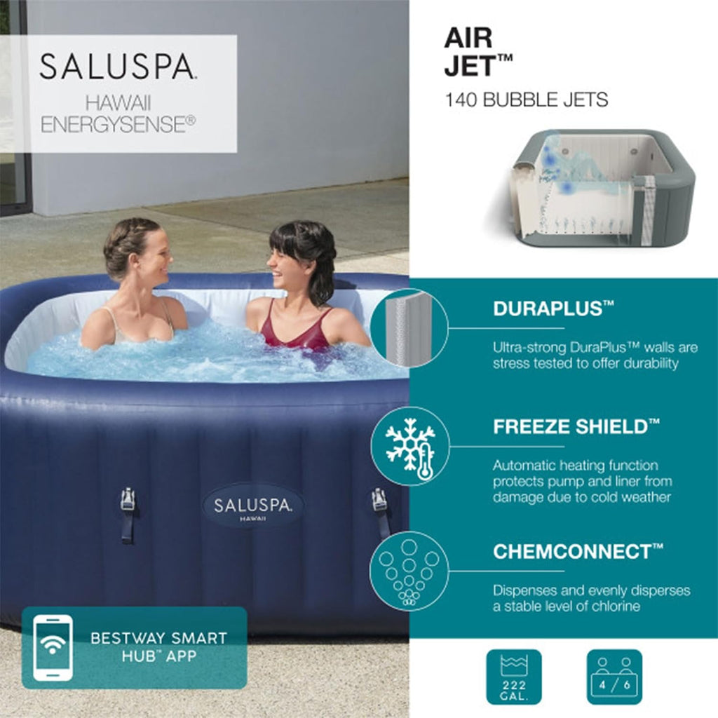 Hawaii AirJet Inflatable 6 Person Square Hot Tub with EnergySense Cover, Bundled with 2 Non-Slip Underwater Pool and