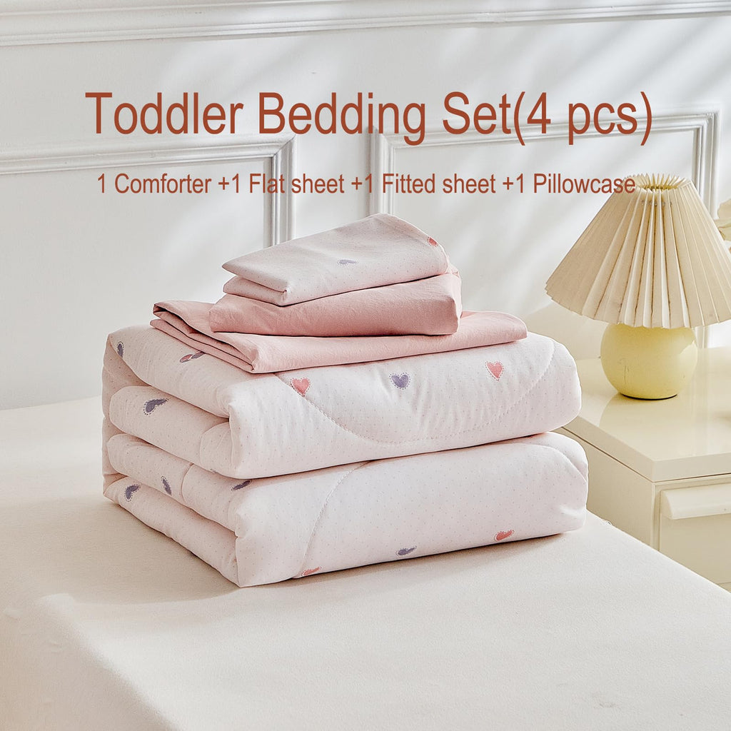 4 Pieces Toddler Bedding Set,Pink Heart Toddler Comforter Sets for Girls,Soft Crib Bed Sheets Set Includes Quilted
