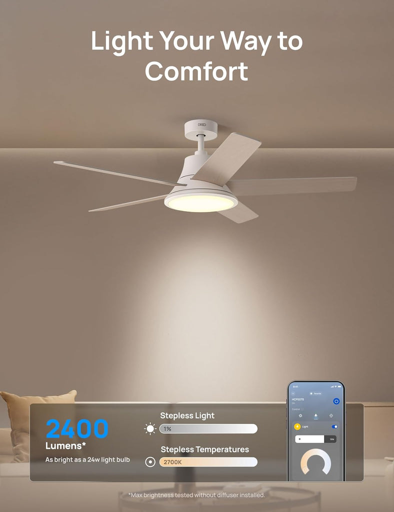 Smart Ceiling Fan with Lights, 52 Inch, 12 Speeds & 3 Fan Modes, RGBIC Light , Dimmable, 22dB Quiet DC Motor