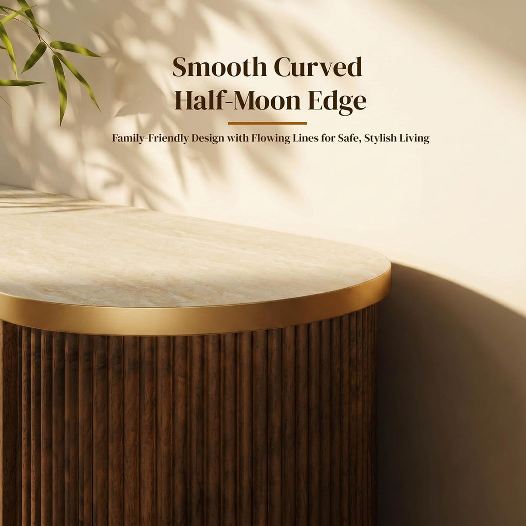 Sideboard Buffet Cabinet with Storage,Mid Century Modern Credenza,Walnut | Faux Marble Top,Diagonal Fluted