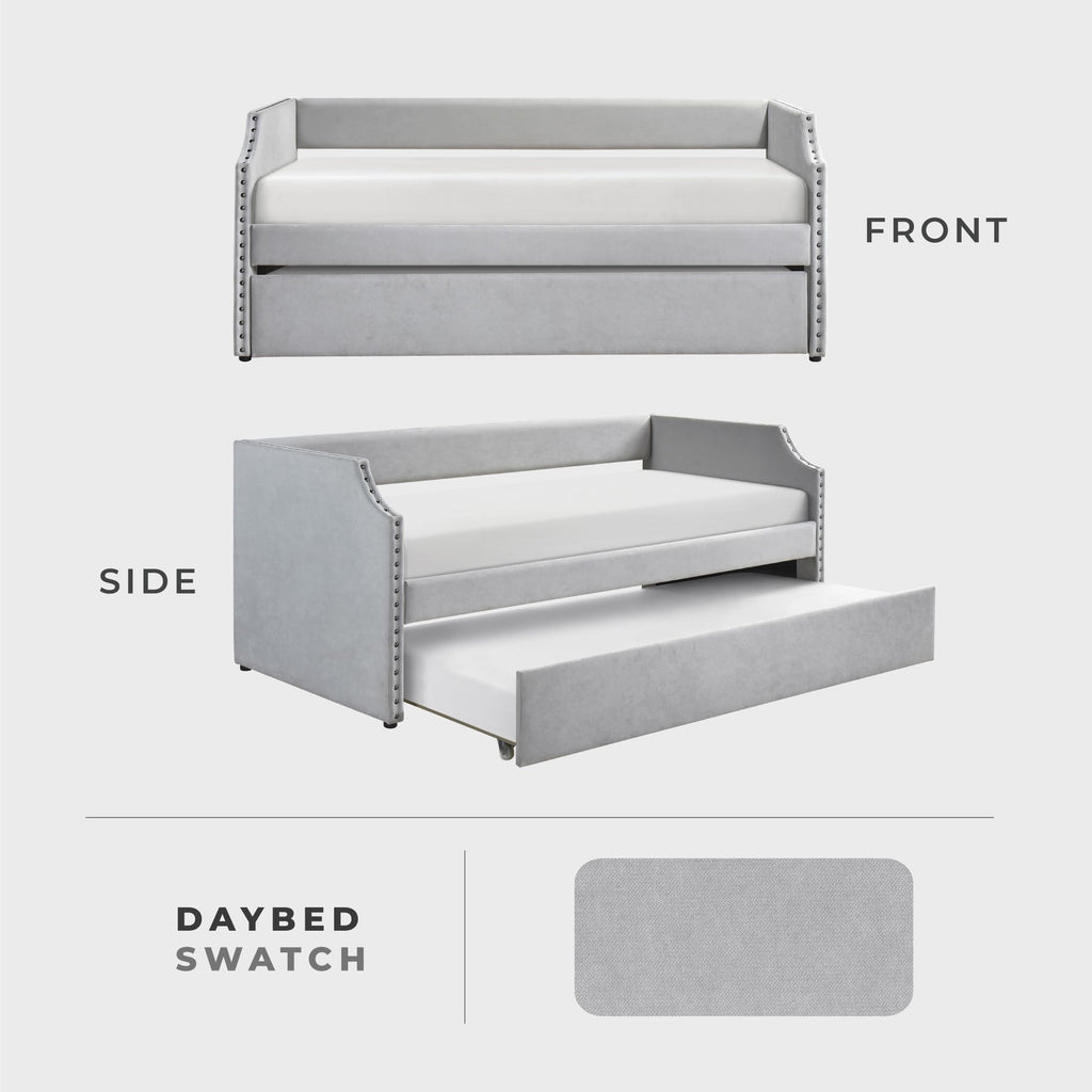 Twin Daybed with Trundle, Nailhead Trim, Fabric, Gray