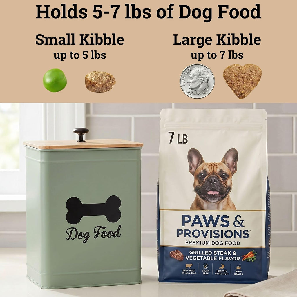 Metal Dog Food Container 5-7lb, 25 Cup w/ Airtight Bamboo Lid, Metal Handle