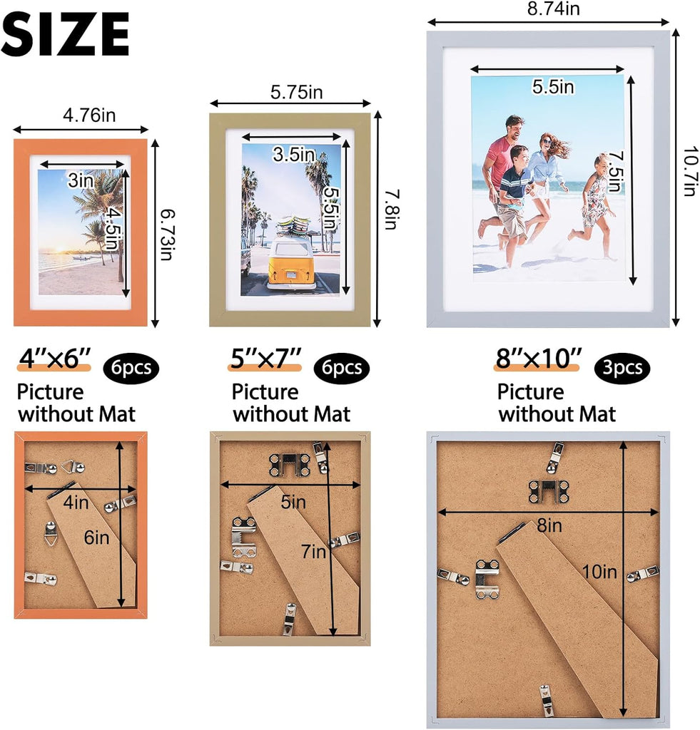 Picture Frames Set, 15 Pack, MDF, Soft Earth Tones, 8x10, 5x7, 4x6 | Wall or Tabletop Decor, High-definition
