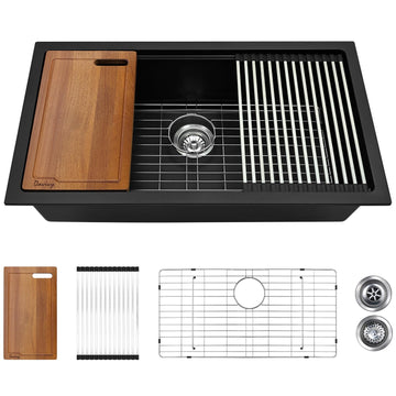 33 Inch Black Granite Workstation, 33 x 19 Black Undermount, Dual Mount Installation, Deep Quartz Composite Single