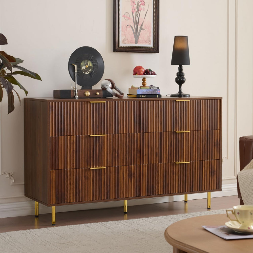 Dark Walnut Fluted 6 Drawers Dresser with Gold Handle