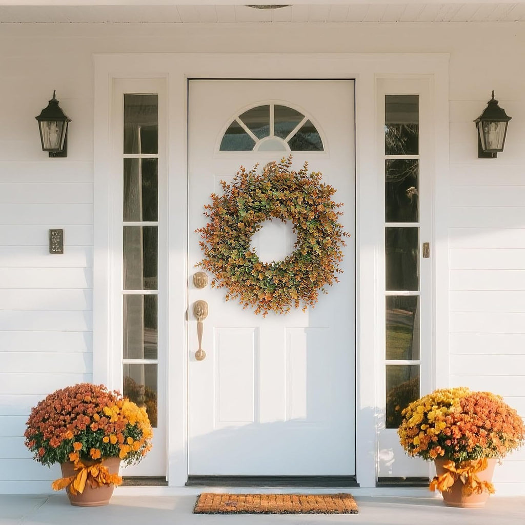26" Large Fake Eucalyptus Fall Wreath for Front Door Decor(Orange-Green)