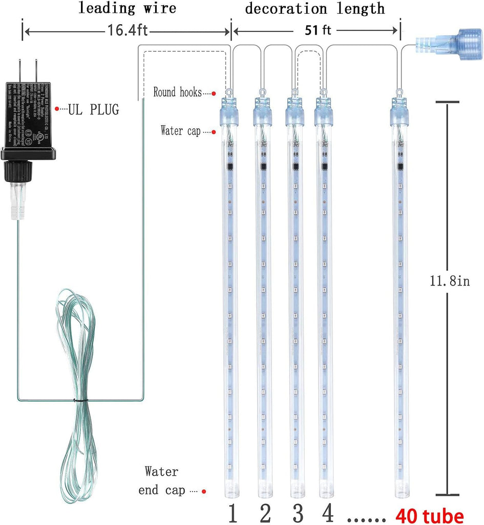 Warm White Icicle Lights Outdoor, 40-Tube Meteor Shower Lights for Christmas Thanksgiving New Year Party Yard Wedding