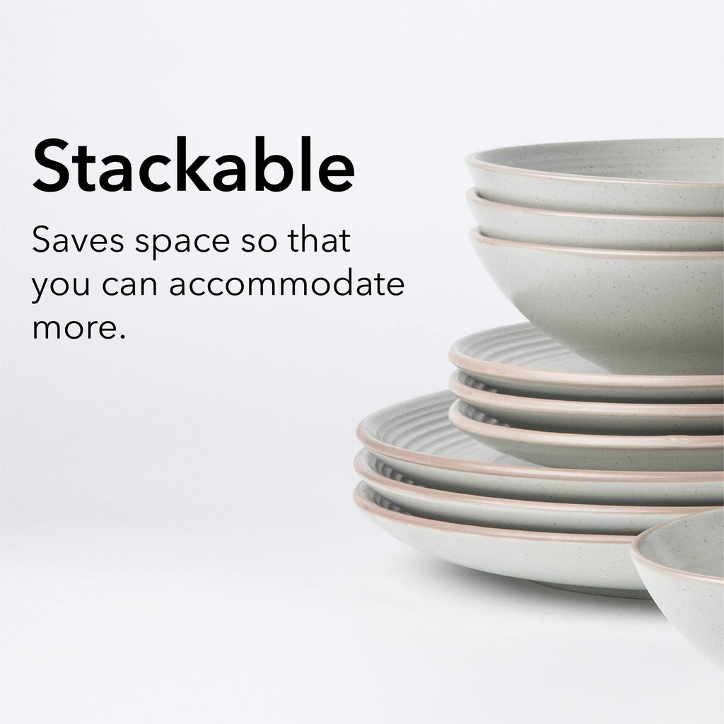 Round Stoneware 16pc Dinnerware Set of 4, Dinner Plates, Side Plates, Cereal Bowls, Mugs - Speckle Matte White