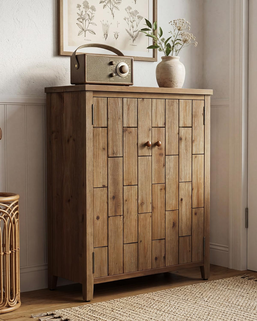Solid Wood Shoe Cabinet with Doors, 6-Tier Tall Shoe Cabinet, Farmhouse Freestanding Shoe Storage with Adjustable