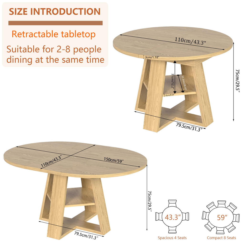 43.3"-59" Extendable Round Oval Dining Table for 4-8 with Storage Shelf