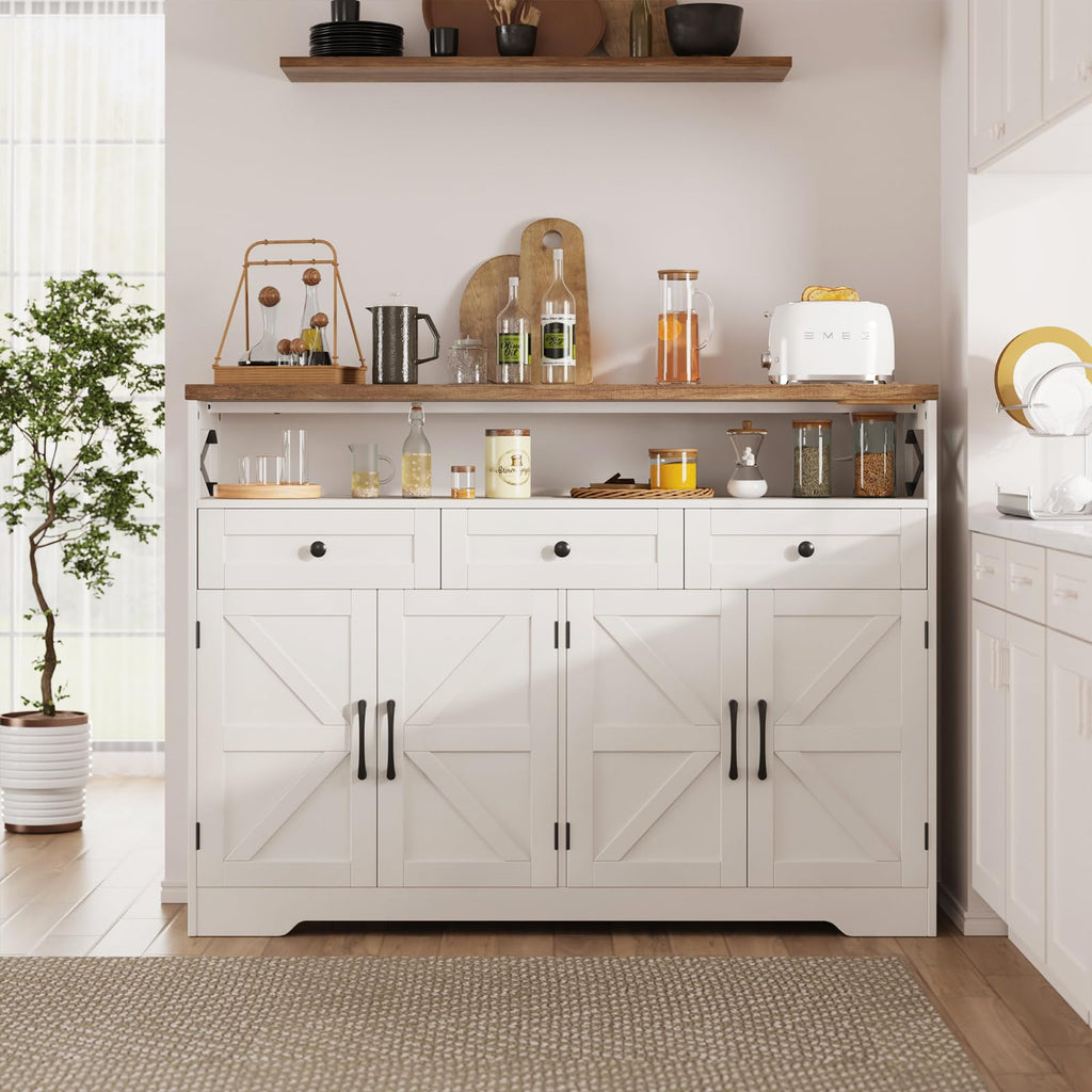 Farmhouse Buffet Cabinet with Drawers & Open Shelf, Sideboard