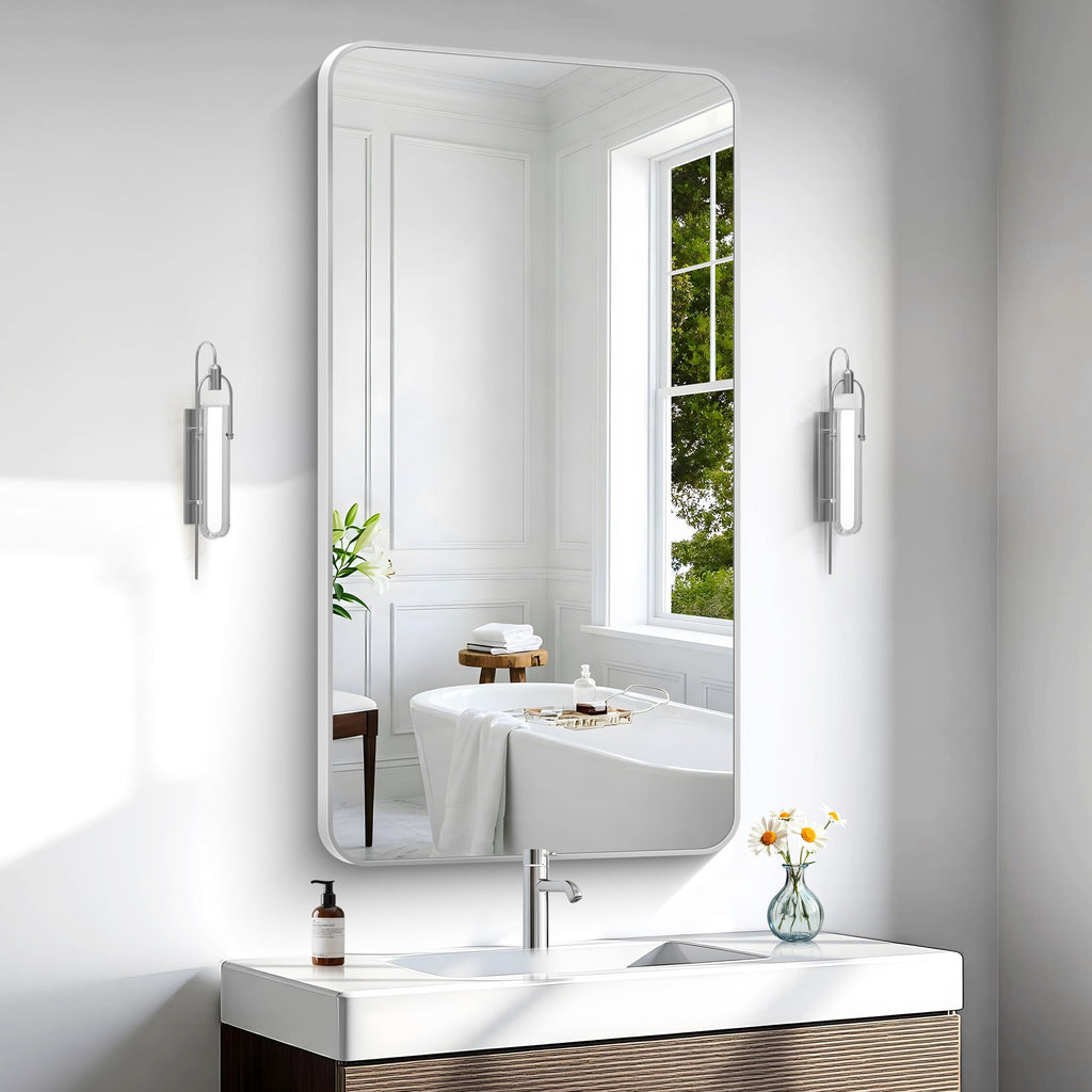 Silver Bathroom Mirror,24x48 inch Wall Mirror Wall Mounted,Rectangle Mirror Over Sink,Modern Frame Round Corner