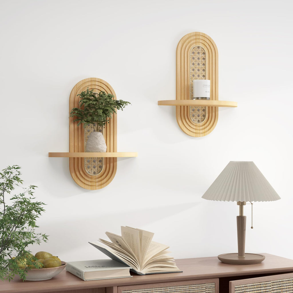 Boho Rattan Wall Shelf, Arch Plant Floating Shelf for Wall Decor, Boho Wooden Wall Art, Farmhouse Hanging Display
