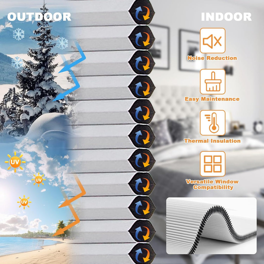 No Drill Blackout Cellular Shades for Windows,White | Top Down Bottom Up Honeycomb No Tools Cordless Blinds,Easy to
