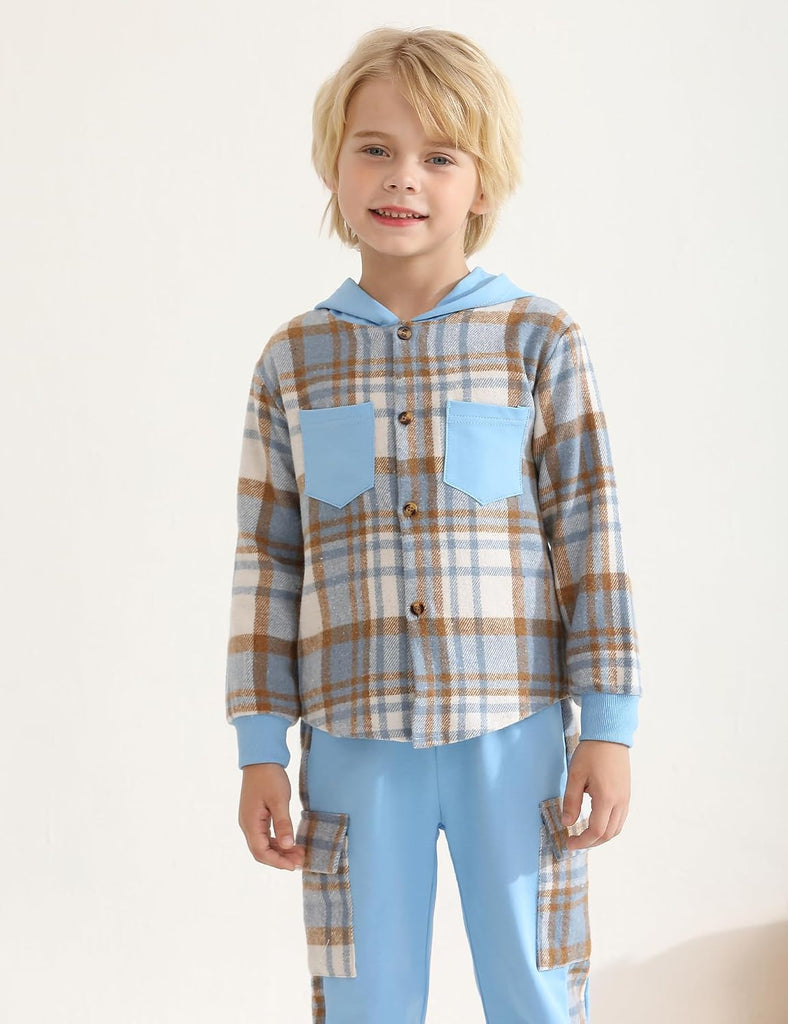 Boys 3 Piece Outfit Set,Flannel plaid shirt hoodie+ Plaid Patch Cargo Jogger Pants Toddler Little Clothes