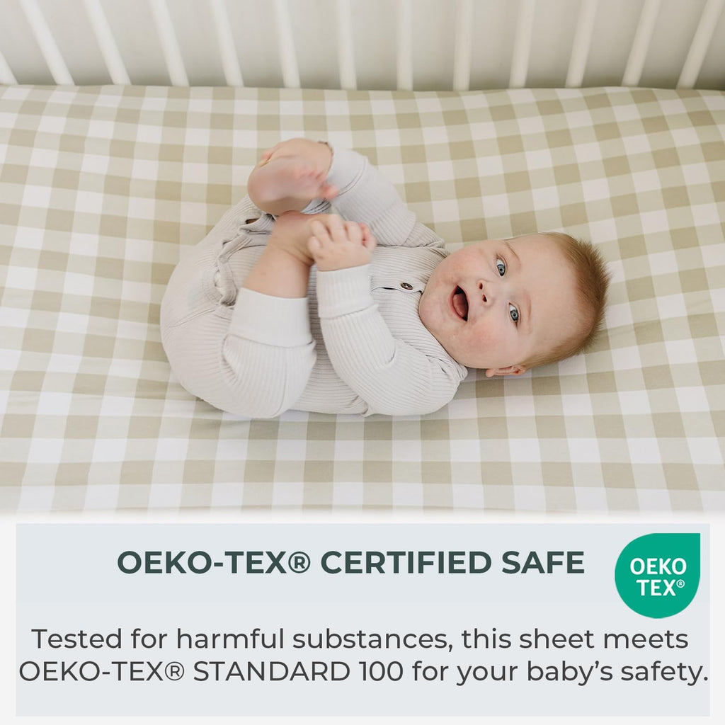 Baby Crib Sheets for Boys, Soft Cotton Blend, 2-Pack (Gingham Khaki)