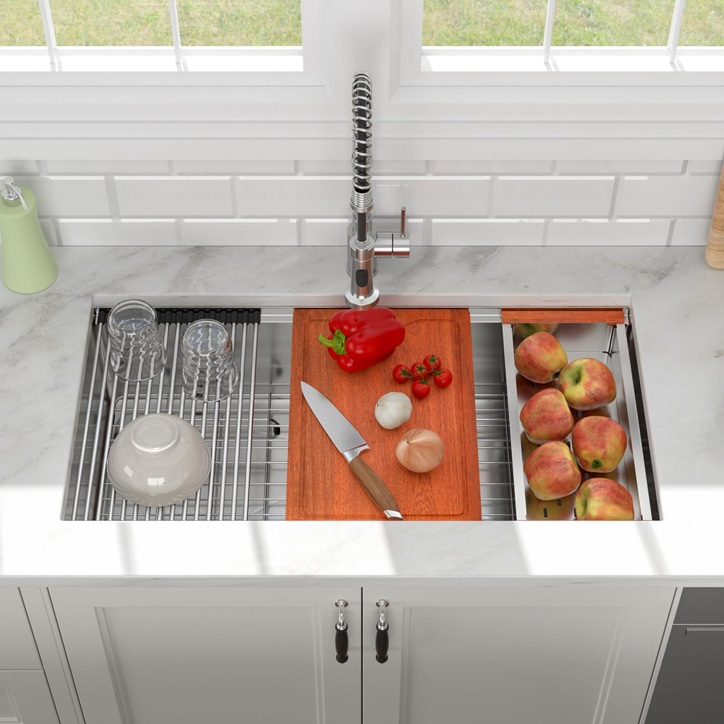 36x19 Inch Large Brushed Undermount Workstation Kitchen Sink 304 Stainless Steel 16 Gauge Handmade Under Counter