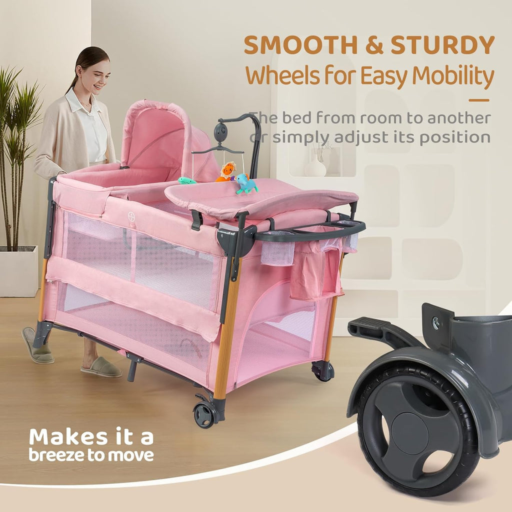 7 in 1 Bedside Bassinet with Changing Table, Baby Girl Bassinet, Pink Bedside Sleeper with Mattress, Sheet, Canopy