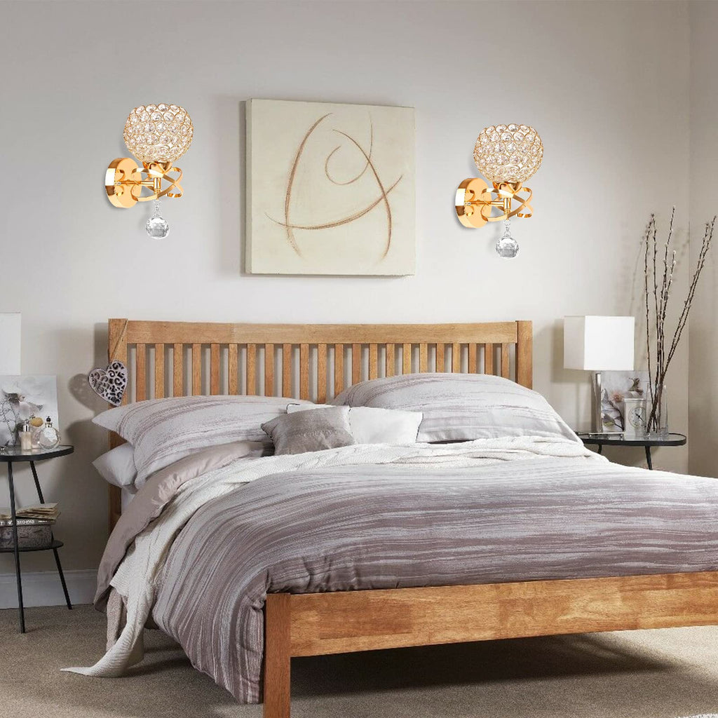 Gold Wall Sconces Set of Two, Modern Crystal Wall Light with E26 Socket Hardwired Sconces Wall Lighting Bedside Wall