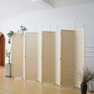 8 Panel Bamboo Room Divider - 5.6 ft Tall Folding Privacy Screen, Natural Beige Freestanding Partition Wall (67" x