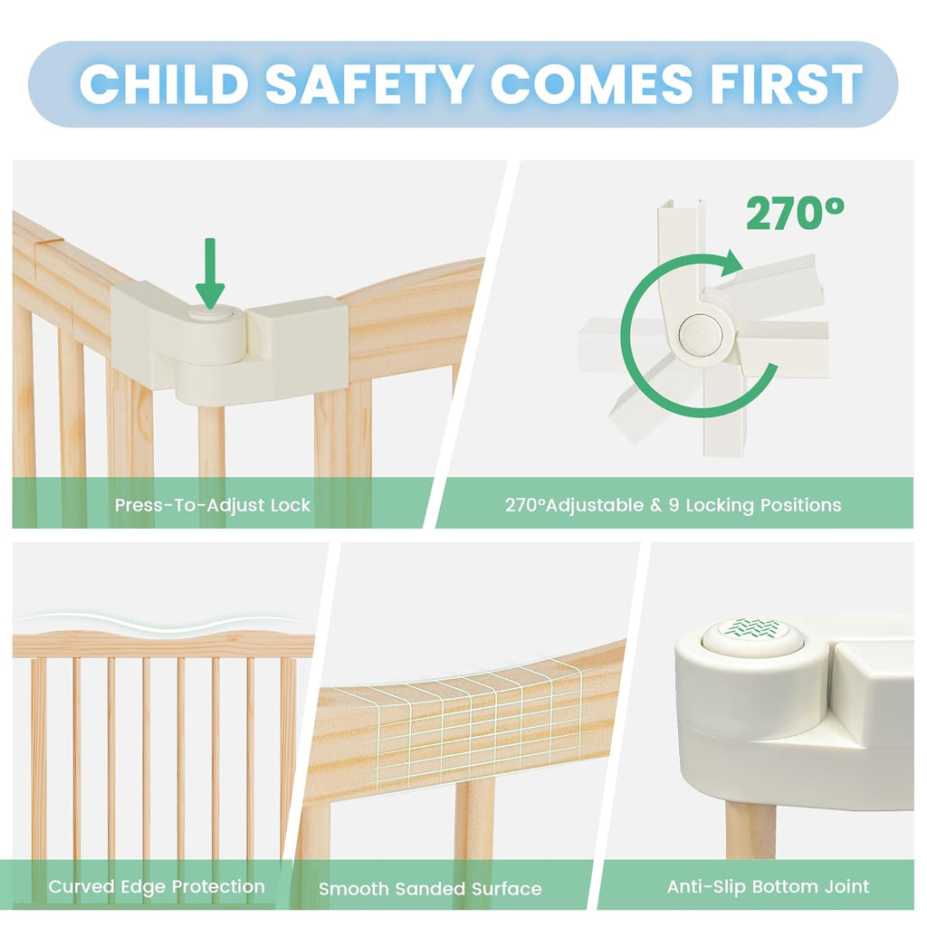 Foldable Wooden Playpen, Natural, 79 x 53 x 24 inches | Adjustable Wood Baby Play Yard with Door, Indoor Large Safety