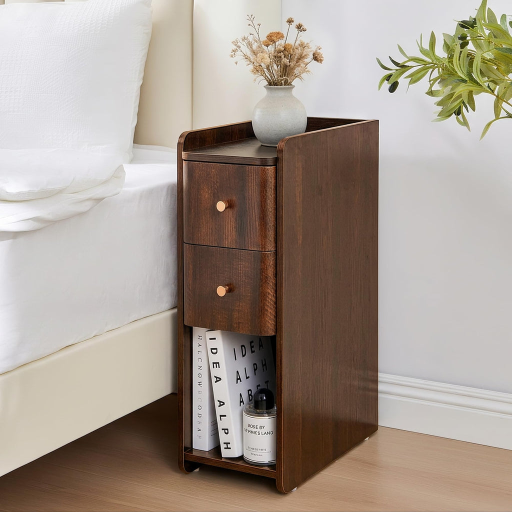 Narrow Nightstand, Wooden 2 Drawer, Cherry Walnut